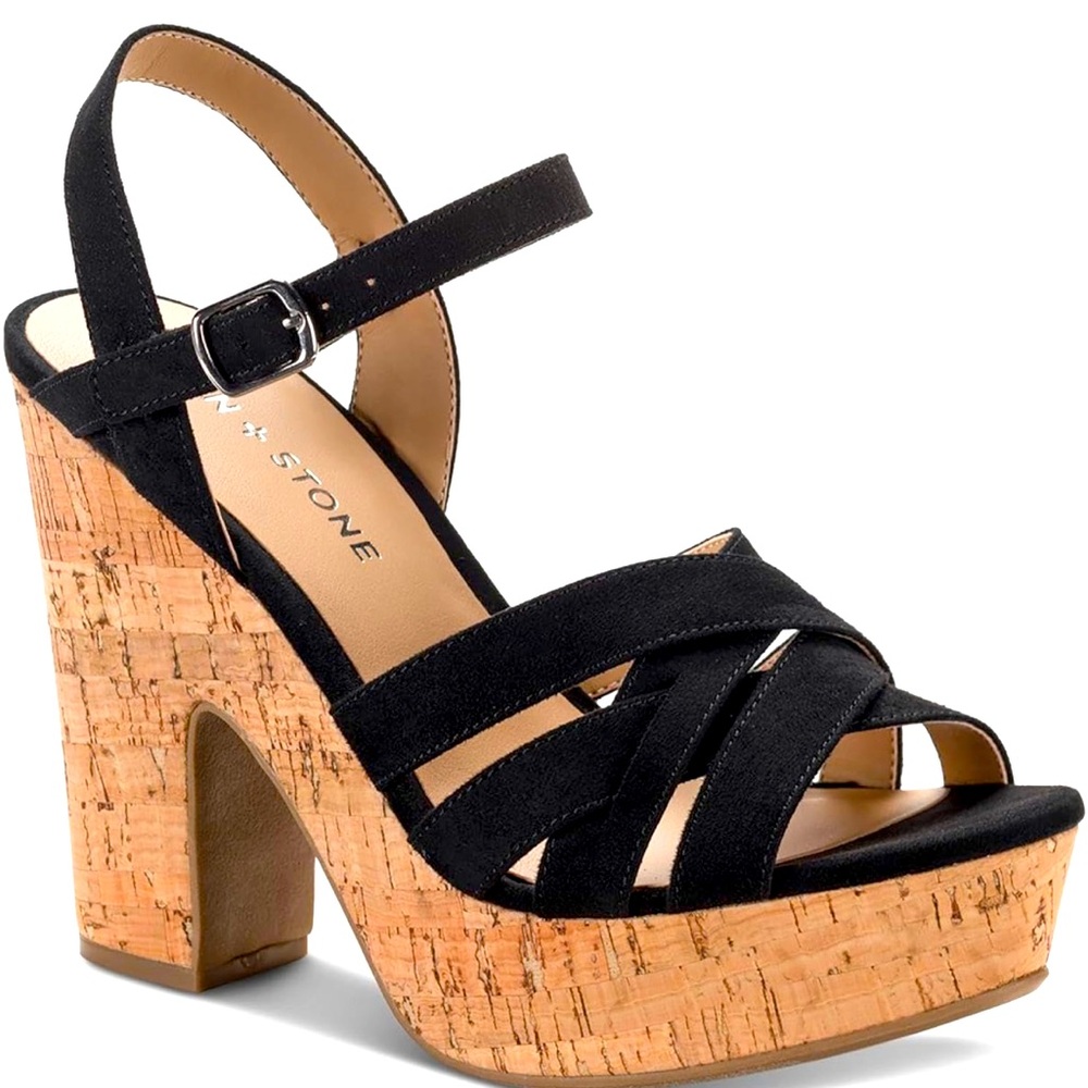 Sun + Stone Naomi Platform Sandals – Black Cork Strappy Heels – Size 9